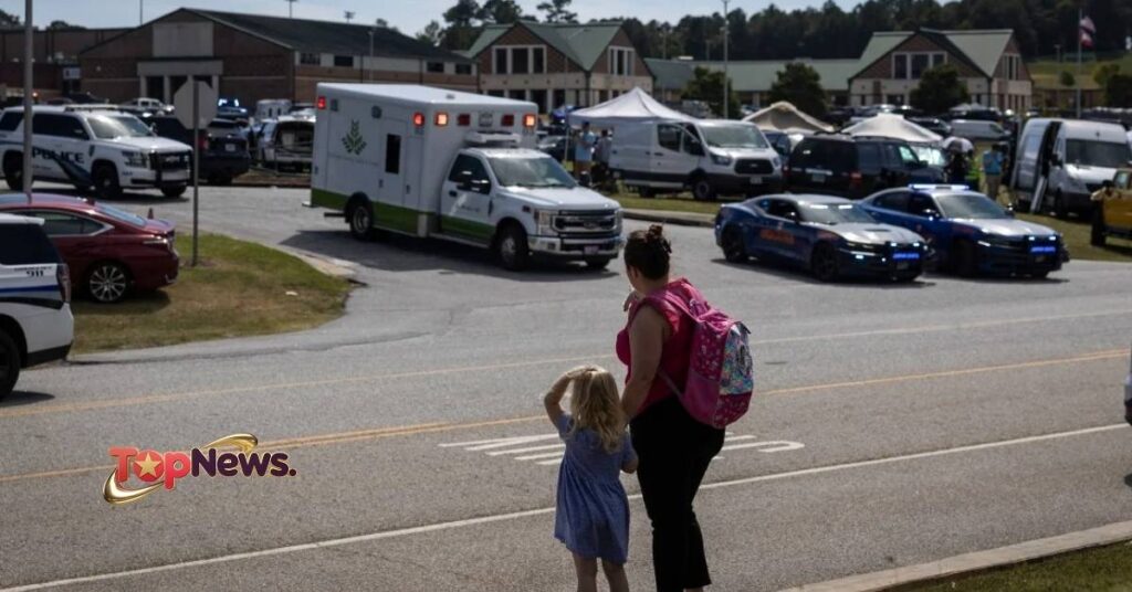 A young girl and her mother watch Wednesday as law enforcement