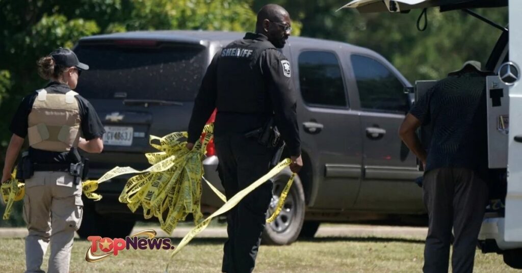 officers hold police tape near the scene