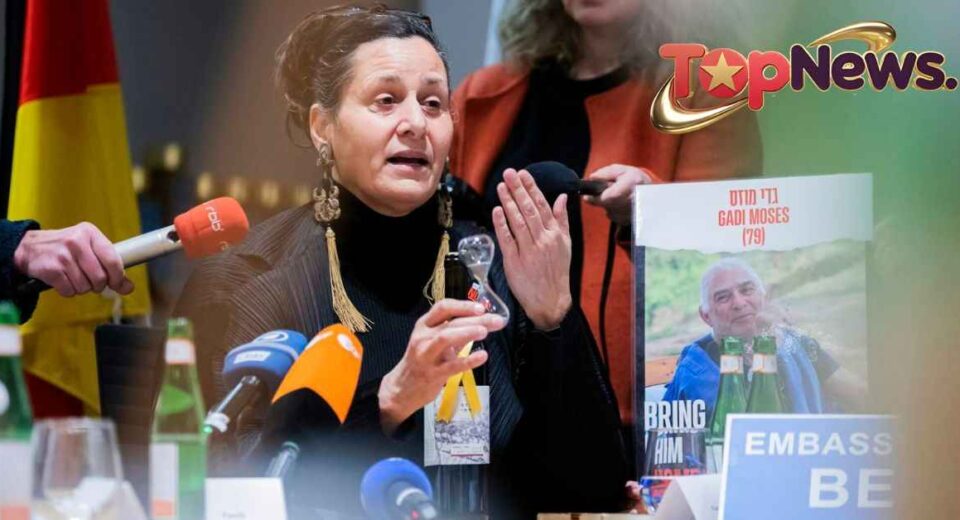 Efrat Machikawa, the niece of hostage Gadi Moshe Mozes, speaks at a press conference alongside relatives of other hostages held captive by Hamas since October 7, at the Israeli embassy in Berlin, Germany, on January 15